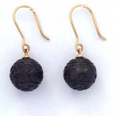 18K solid Gold Earrings and 2 Tahitian Engraved Pearls 11 mm