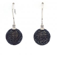 Rhodiated Sterling Silver Earrings and 2 Engraved Tahitian Pearls 11 mm