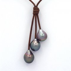 Leather Necklace and 3 Tahitian Pearls Semi-Baroque B  10.1 to 10.3 mm