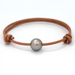 Leather Bracelet and 1 Tahitian Pearl Round C 10.5 mm