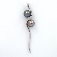 Rhodiated Sterling Silver Pendant and 2 Tahitian Pearls Round C 8.1 mm