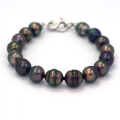16 Tahitian Pearls Ringed B  8.7 to 9.7 mm Bracelet and Rhodiated Sterling Silver