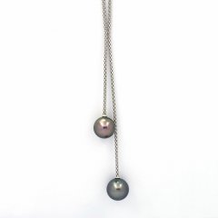 Rhodiated Sterling Silver Necklace and 2 Tahitian Pearls Round B/C 11 and 11.4 mm
