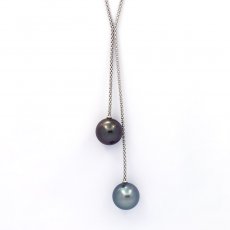 Rhodiated Sterling Silver Necklace and 2 Tahitian Pearls Round B/C 13.1 and 13.3 mm