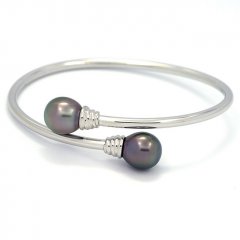 Rhodiated Sterling Silver Bracelet and 2 Tahitian Pearls Semi-Baroque B 10.3 mm