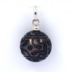 Rhodiated Sterling Silver Pendant and 1 Engraved Tahitian Pearl 11.6 mm