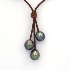 Leather Necklace and 3 Tahitian Pearls Semi-Baroque C  9.7 to 9.8 mm