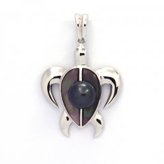 Rhodiated Sterling Silver Pendant and 1 Tahitian Pearl Round C 8 mm