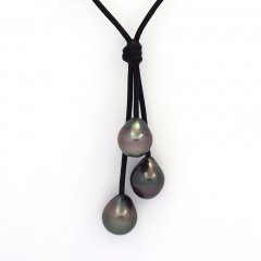 Leather Necklace and 3 Tahitian Pearls Semi-Baroque B  10 to 10.2 mm