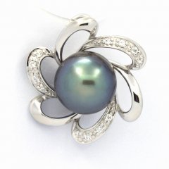 Rhodiated Sterling Silver Pendant and 1 Tahitian Pearl Semi-Baroque B 9.7 mm