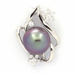 Rhodiated Sterling Silver Pendant and 1 Tahitian Pearl Semi-Baroque B 9.8 mm