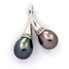 Rhodiated Sterling Silver Pendant and 2 Tahitian Pearls Semi-Baroque B 9.5 and 9.6 mm
