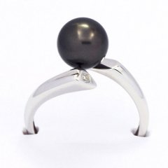 Rhodiated Sterling Silver Ring and 1 Tahitian Pearl Round B 8.3 mm