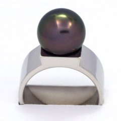 Rhodiated Sterling Silver Ring and 1 Tahitian Pearl Round B 10.8 mm