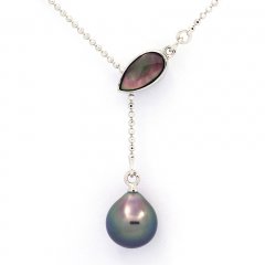 Rhodiated Sterling Silver Necklace and 1 Tahitian Pearl Semi-Baroque A 9.1 mm