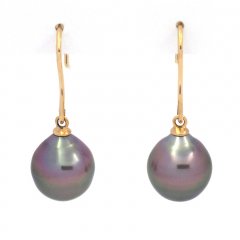 18K solid Gold Earrings and 2 Tahitian Pearls Semi-Baroque B 9.7 mm