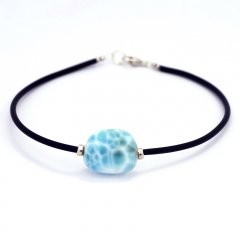 Sterling Silver, Rubber Bracelet and 1 Larimar - 15.5 x 13 x 7.8 mm - 2.6 gr