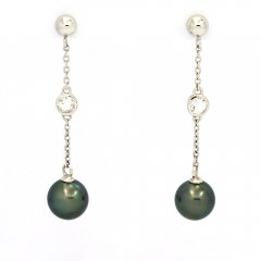 Rhodiated Sterling Silver Earrings and 2 Tahitian Pearls Near-Round B 9.3 mm