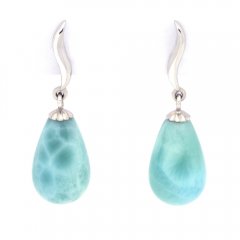 Rhodiated Sterling Silver Earrings and 2 Larimars - 13 x 8 mm - 2.6 gr