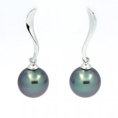 18K Solid White Gold Earrings and 2 Tahitian Pearls Round B 8.3 mm
