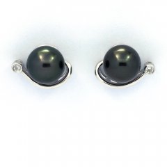 Rhodiated Sterling Silver Earrings and 2 Tahitian Pearls Round B 8.2 mm