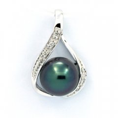 14K solid White Gold Pendant + 6 diamonds 0.04 carats VS1 and 1 Tahitian Pearl Round B 8.6 mm
