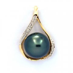 14k Gold Pendant + 6 diamonds 0.04 carats VS1 and 1 Tahitian Pearl Round B 10.4 mm