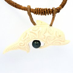 Braided coconut fibre Necklace, Bone and 1 Tahitian Pearl Round C 8.3 mm