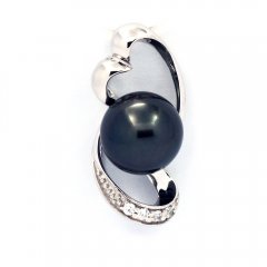 Rhodiated Sterling Silver Pendant and 1 Tahitian Pearl Round C 8.5 mm