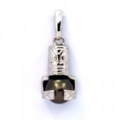 Rhodiated Sterling Silver Pendant and 1 Tahitian Pearl Round C 8.5 mm