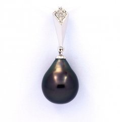 14K solid White Gold Pendant + 4 Diamonds 0.02 carats VS1 and 1 Tahitian Pearl Semi-Baroque A 9.9 mm