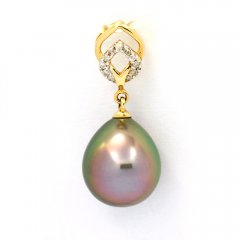 14K solid Gold Pendant + 11 Diamonds 0.04 carats VS1 and 1 Tahitian Pearl Semi-Baroque B 9.6 mm