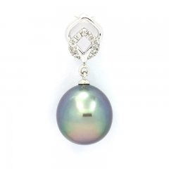 14K solid Gold Pendant + 11 Diamonds 0.04 carats VS1 and 1 Tahitian Pearl Semi-Baroque A 9.2 mm