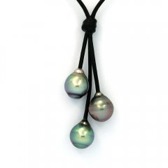 Leather Necklace and 3 Tahitian Pearls Ringed B  9.5 to 9.8 mm
