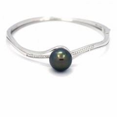 Rhodiated Sterling Silver Bracelet and 1 Tahitian Pearl Round C 12.4 mm