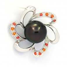 Rhodiated Sterling Silver Pendant and 1 Tahitian Pearl Round C 8.9 mm