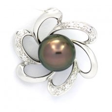 Rhodiated Sterling Silver Pendant and 1 Tahitian Pearl Round C 8.7 mm