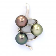 Rhodiated Sterling Silver Pendant and 3 Tahitian Pearls Near-Round C 9.1 to 9.2 mm