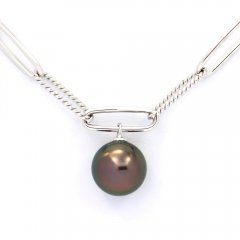 Rhodiated Sterling Silver Bracelet and 1 Tahitian Pearl Round C 9.2 mm