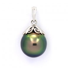 Rhodiated Sterling Silver Pendant and 1 Tahitian Pearl Semi-Baroque C 12.2 mm