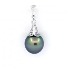 Rhodiated Sterling Silver Pendant and 1 Tahitian Pearl Semi-Baroque B 10.6 mm