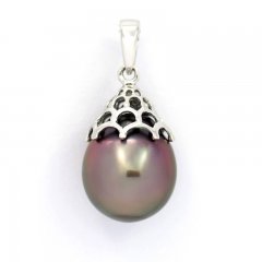 Rhodiated Sterling Silver Pendant and 1 Tahitian Pearl Semi-Baroque C 11.6 mm