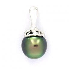 Rhodiated Sterling Silver Pendant and 1 Tahitian Pearl Semi-Baroque B 10 mm