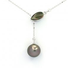 Rhodiated Sterling Silver Necklace and 1 Tahitian Pearl Round B 9.3 mm