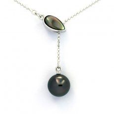 Rhodiated Sterling Silver Necklace and 1 Tahitian Pearl Round B 9.1 mm