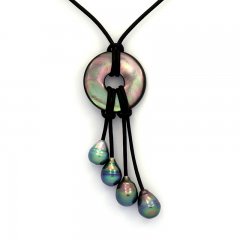 Leather Necklace and 4 Tahitian Pearls Ringed B+ 8.2 to 8.9 mm