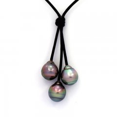Leather Necklace and 3 Tahitian Pearls Ringed B 10 to 10.2 mm