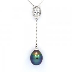 Rhodiated Sterling Silver Necklace and 1 Tahitian Pearl Ringed A 9.4 mm