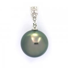 14K solid White Gold Pendant + 6 diamonds and 1 Tahitian Pearl Round B 11.8 mm