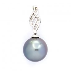 14K Solid White Gold Pendant + 11 Diamonds and 1 Tahitian Pearl Round B/C 13 mm